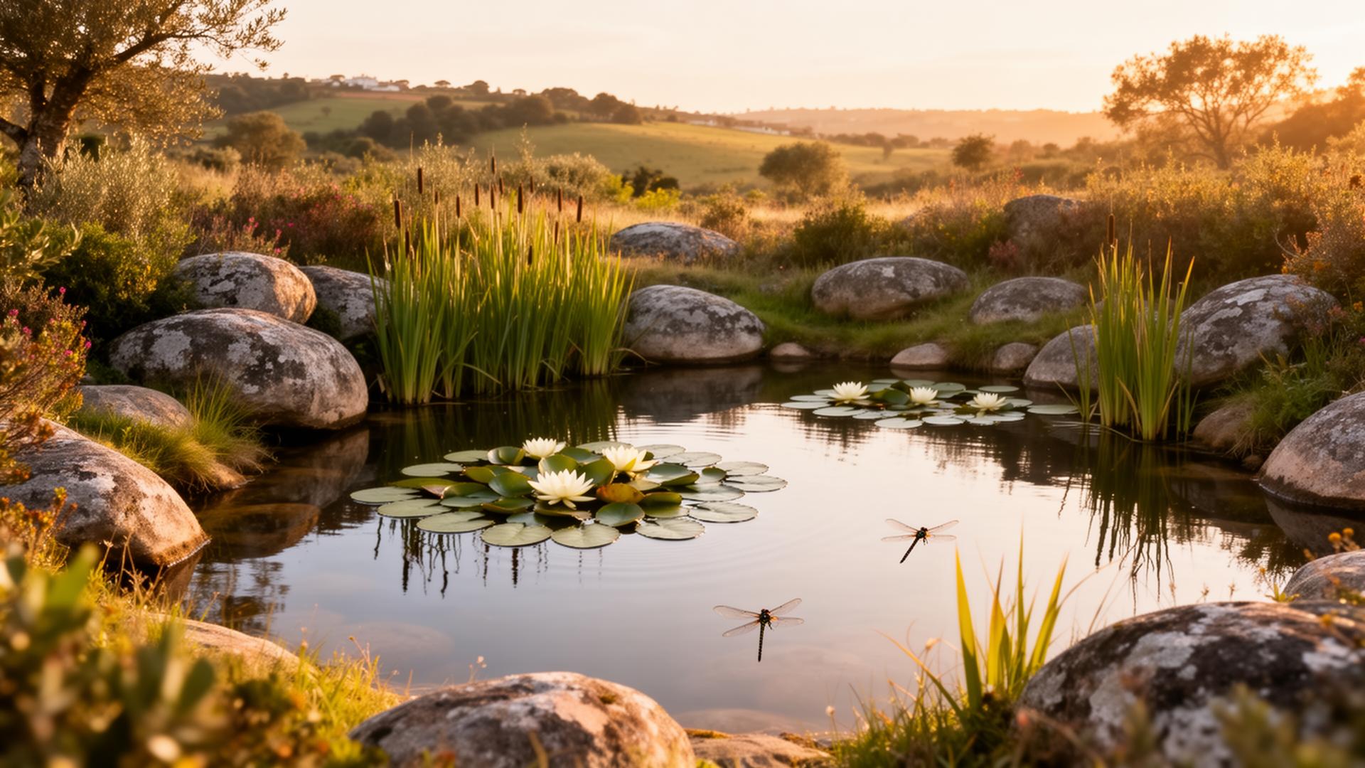 Charca natural em paisagem portuguesa ao pôr-do-sol